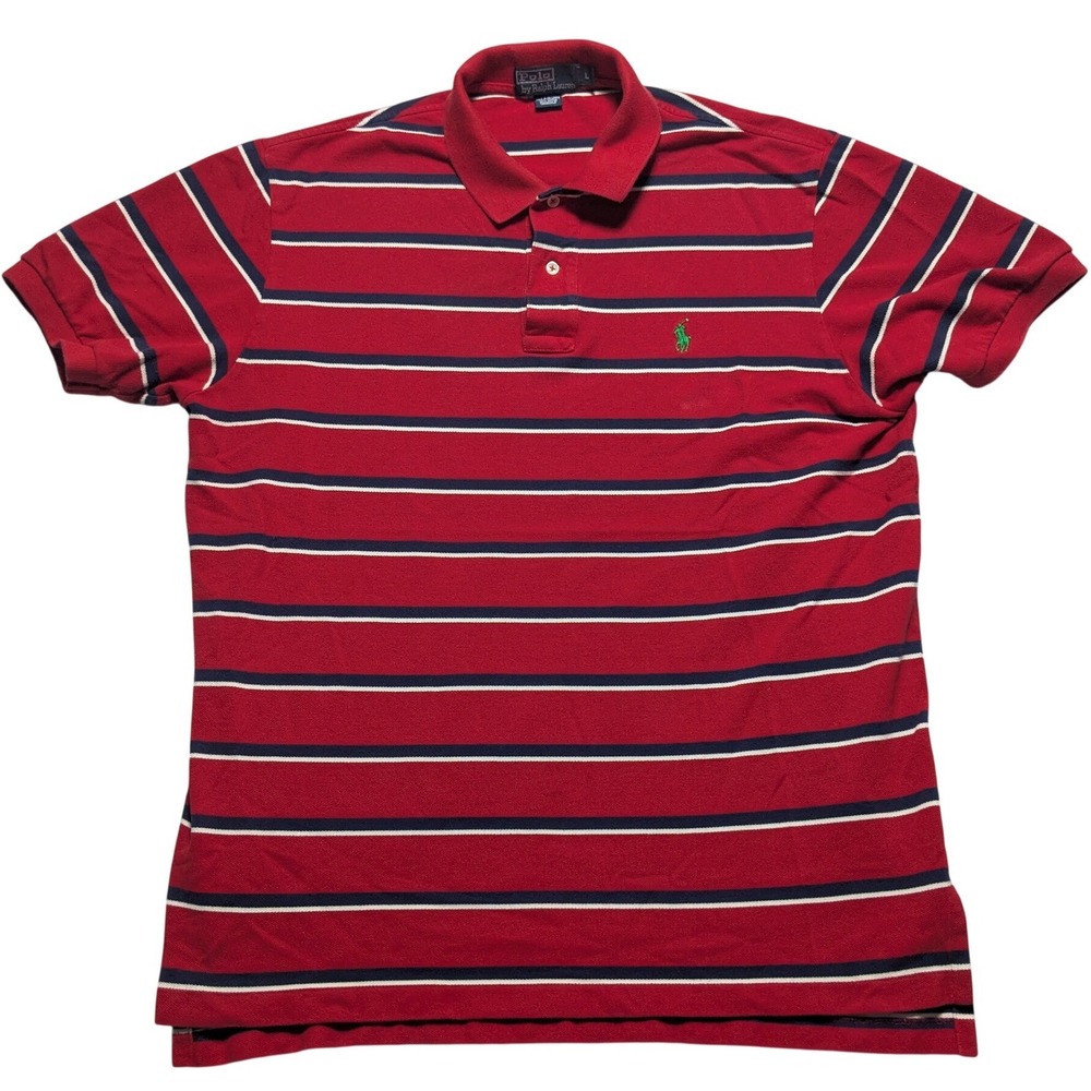 VTG Polo Ralph Lauren Men Large Red Navy White Striped Pique Polo Shirt FADE